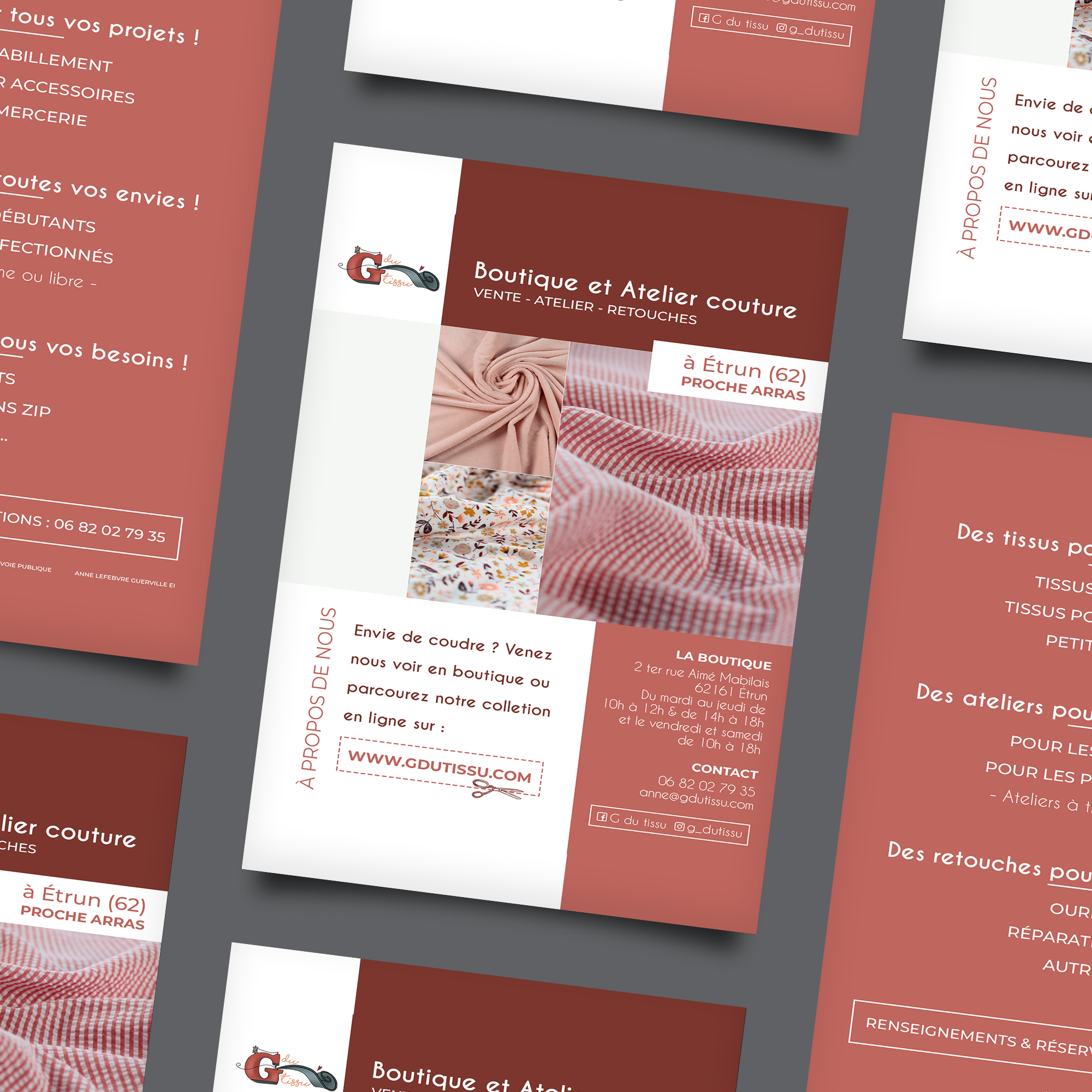 Flyer pour G du tissu, présentant les services de la marque