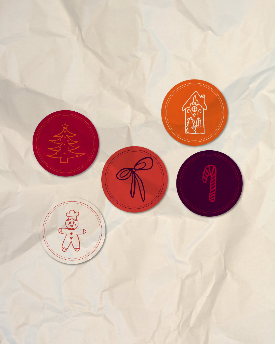 Stickers de la marque Cinnapop : sapin, bonhomme biscuit, maison de Noël, nœud et sucre d'orge